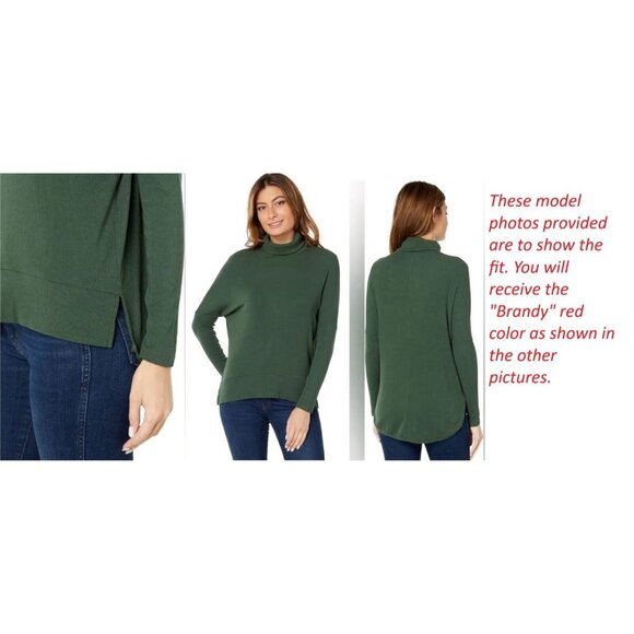 Bobi Ficus Ribbed Sweater Top Size Large Pullover Turtleneck Brandy Red Slit Hem - Picture 7 of 8